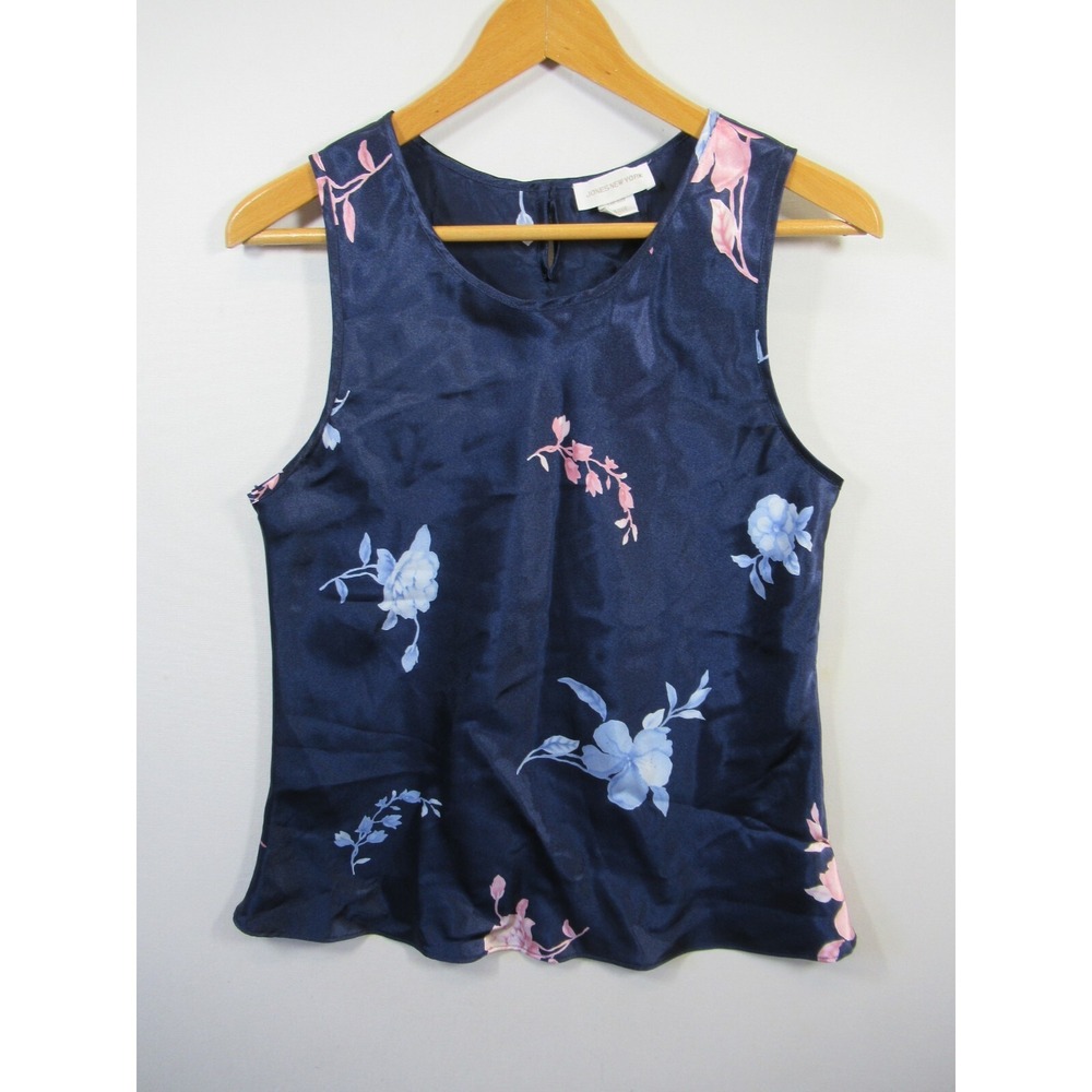 Jones New York Satin Tank Top Women Large Blue Floral Sleeveless Blouse